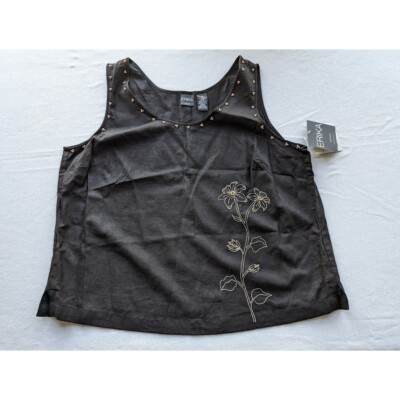 Women's Erika Embroidered Linen Blend Tank Top Size 1X Floral Beaded Shirt NEW