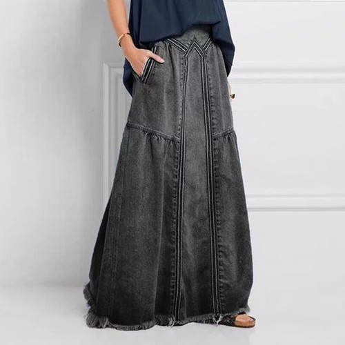 Women Retro Elastic High Waist Frayed A-Line Maxi Lady Denim Long Skirt Pockets - Picture 5 of 22