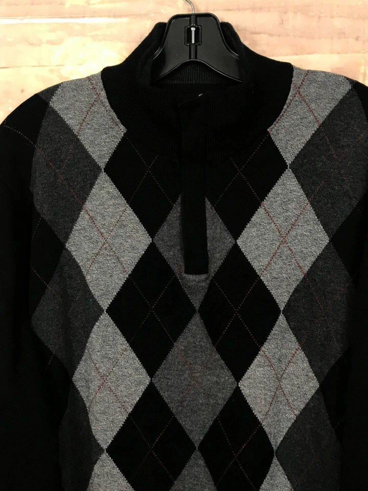 Suéter Tejido Tasso Ella Hombres L Negro Argyle Cremallera Acanalado Dobladillo Puños Cuello Alto Foto 2 de 4