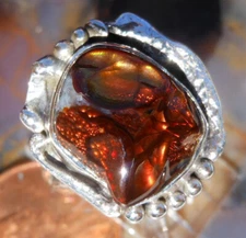 New Sterling Silver and Deer Creek AZ Fire Agate Gem ring sz 6 3/4 D107