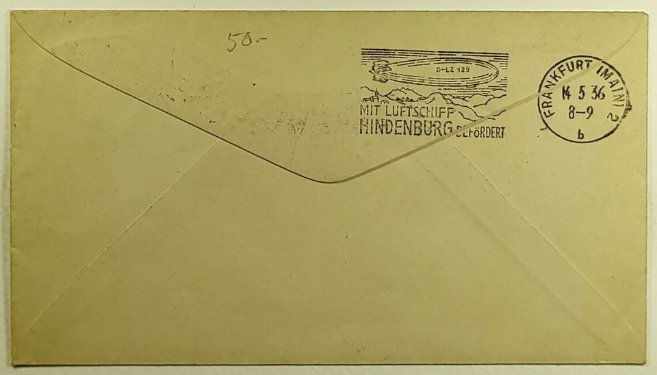 1936 First Trans-Atlantic Flight D-LZ 129 Hindenburg Zeppelin Airmail Cover - Image 2 of 2