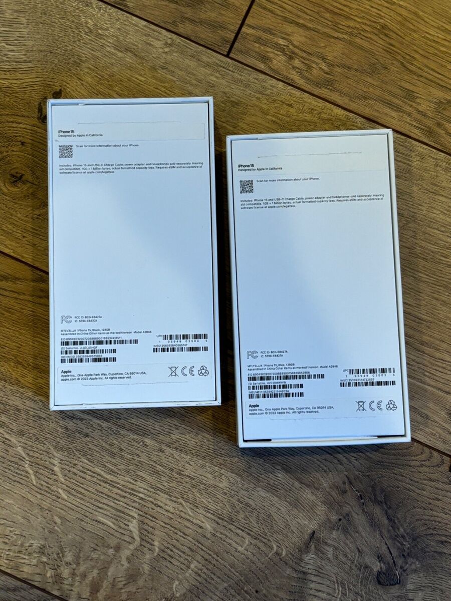 TWO Apple Iphone 15 Box Only Black and Blue 128gb A2846 TWO Apple Iphone 15 Box Only Black and Blue 128gb A2846