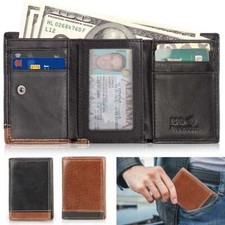 Men Cowhide Leather Slim Wallets Trifold Mens Wallet W/ ID Window RFID Blocking