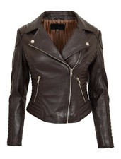 Womens Leather Biker Jacket Cross Zip Slim Fit Casual Style Anna Brown