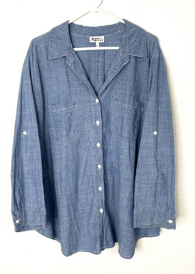 Hesters Orchard Plus Size 2X Shirt Top Button Front Chambray Blue Blouse Womens