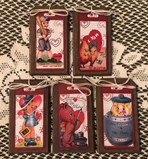 5 NEW Handcrafted Wooden RETRO VALENTINE Ornaments HangTags GiftTags SetJ1