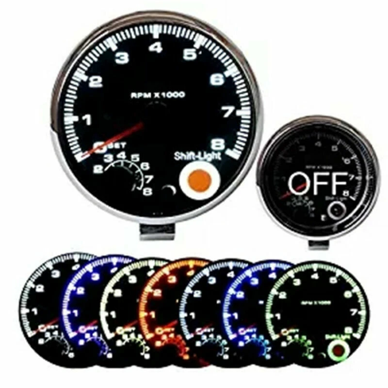 Durable 3.75" 7Colors LED Car Tachometer Gauge Adjustable 0-8000 RPM Shift-Light - Image 2 of 4