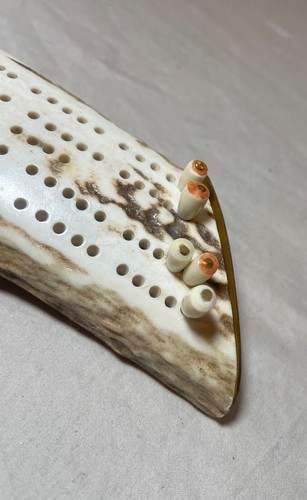 hand carved natural elk horn antler scrimshaw brass big cat cribbage game board - Picture 10 of 15