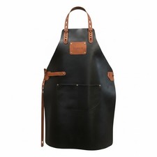 Men s Black Leather Barbecue/Grilling Apron - Brown Leather Straps - Bernard