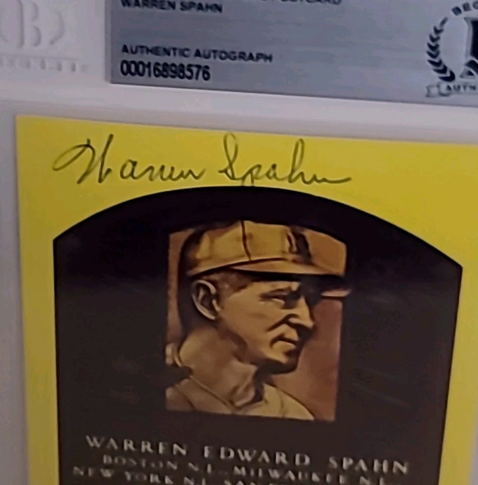 Warren Spahn, HoF Yellow Plaque Postcard - Autographed - BECKETT AUTHENTIC AUTO - Image 4 of 4