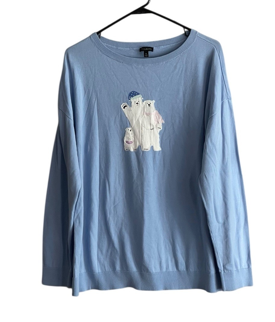 Talbots Sweater Large Periwinkle Blue Polar Bear Family Cotton Lightweight Snow