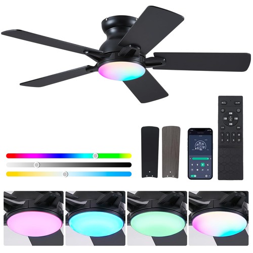 Ceiling Fan with RGB LED Light - 48" Black Flush Mount, 5 Blade, 6 Speeds, Di...