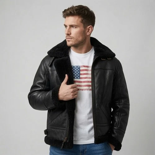 Mens B3 Black Bomber Real Sheepskin Shearling Fur Aviator Flight Leather Jacket - product listing photo