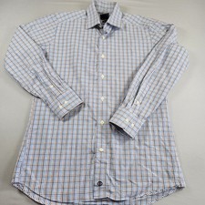 David Donahue Trim Fit Dress Shirt Mens 15.5 32/33 Long Sleeve Blue Brown Check