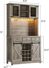 72" Farmhouse Coffee Bar Cabinet w/ Sliding Barn Door,LED Lights & Power Outlets