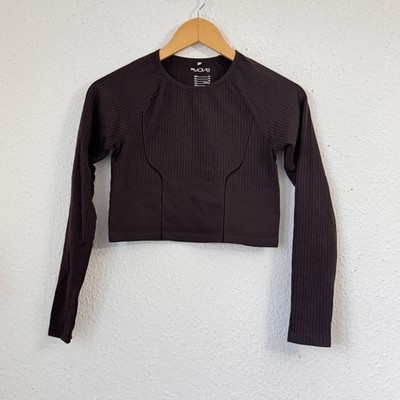 H&M Move Dark Brown Rib Long Sleeve Crop Top M 2632