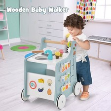 6-in-1 Baby Push Walker Wooden Strollers Learning Activity Center Toy w/ Kitchen