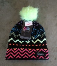 Justice Girls Beanie Patterned Neon Colors Faux Fur Pom-Pom NWT