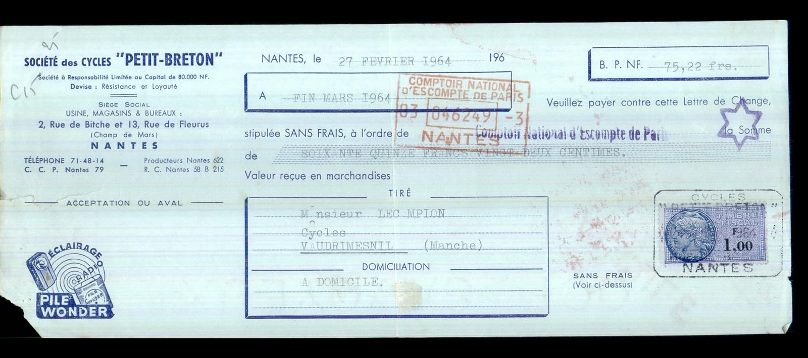 cycles petit breton à nantes m.ramet à vaudrimesnil 27-2-1964 pile wonder