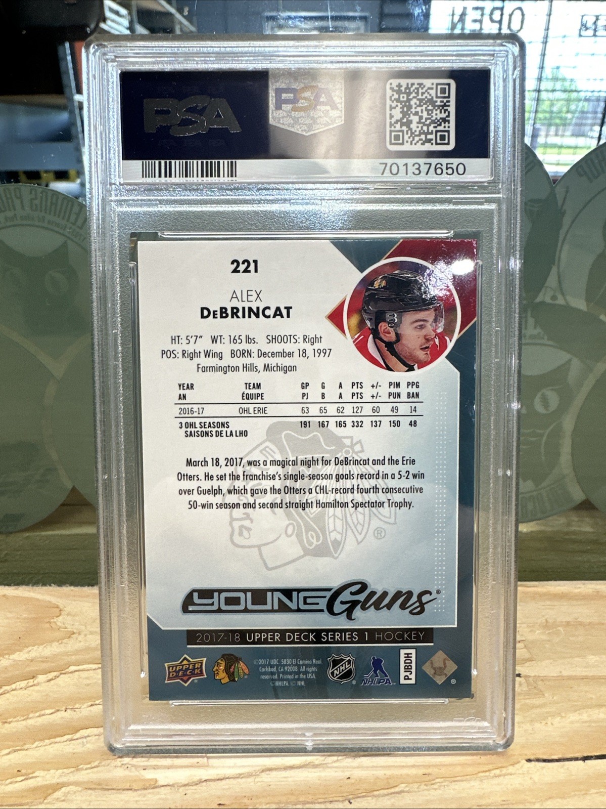 2017 Upper Deck Alex Debrincat #221 Young Guns Rookie PSA GEM MT 10 view 2