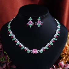 Charming Silver Plated CZ Multicolor Necklace Earring Christmas Tree Jewelry Set