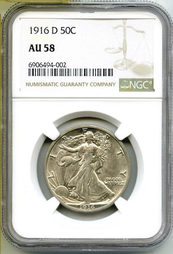 1916-D Walking Liberty Silver Half Dollar NGC AU58 Certified - Denver Mint H997