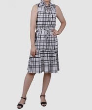 NY Collection Women's White Ruffled Split Neck Self-Tie Dress Petite Size PL