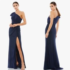 NWOT Mac Duggal Navy Blue Ruffle One Shoulder jersey Drape Gown sz 0