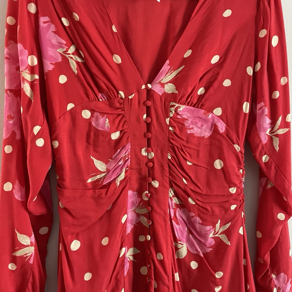 Free People женщин S красный цветочный горошек богемное длинным рукавом Дата ночь мини-платье - Изображение 3 из 4