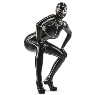 Full Cover Black Latex Catsuit with White Stripe Back Zipper