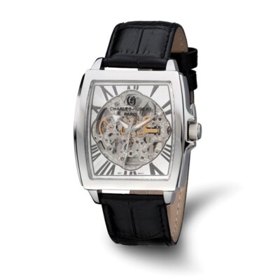 Charles Hubert Black Leather Strap Stainless Steel Skeleton Dial Automatic Watch