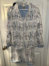 Munki Munki 2pc Flannel Pajamas PJ's White With Blue Trim With Skis Bottles Sz M