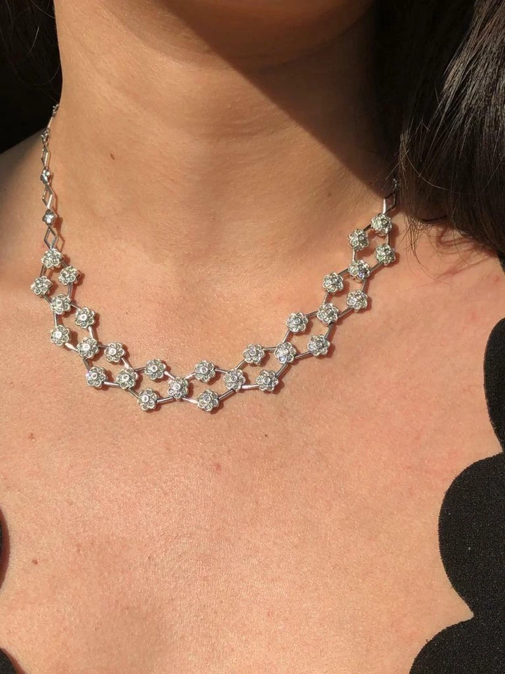 Теннисное ожерелье подарок белое золото 14k и натуральные бриллианты цветок ореол дизайн широкое