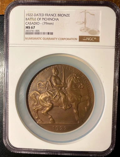 FRANCE Ecuador Bronze Medal 1922 Battle of Pichincha L. Casadio NGC MS67!!
