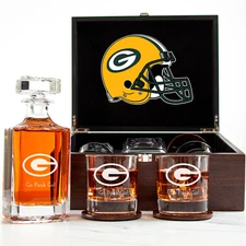 Green Bay Packers - Engraved Football Whiskey Decanter and 2 Glasses In Wood Box