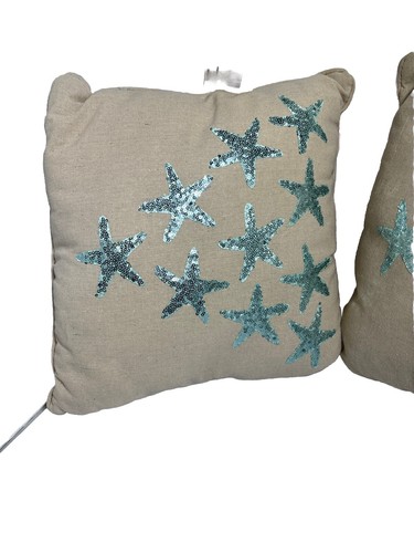 2 Summer Pillows W/ Blue Sequined Starfish 16 X 16 Coastal Beach Nautical Theme - Picture 5 of 7