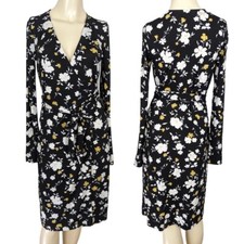 Ann Taylor black yellow white floral print long sleeve wrap around dress sz 0