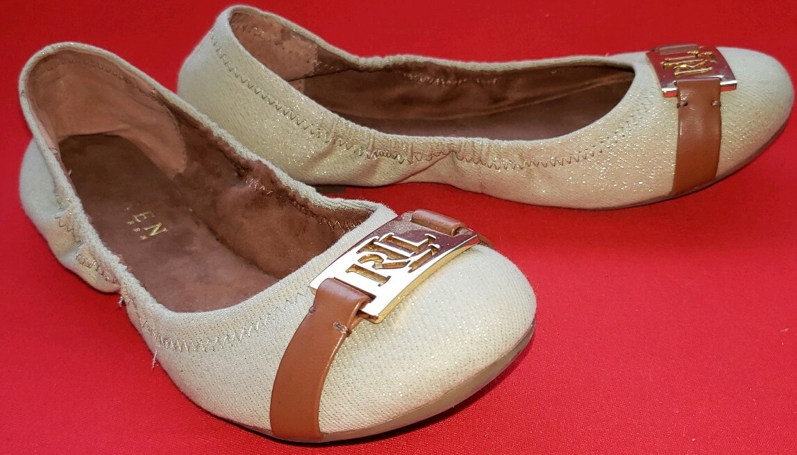 PANTOFOLA D’ORO Ballerine da donna Ralph Lauren 6 5 B cachi glitter tela simbolo RLL davanti
