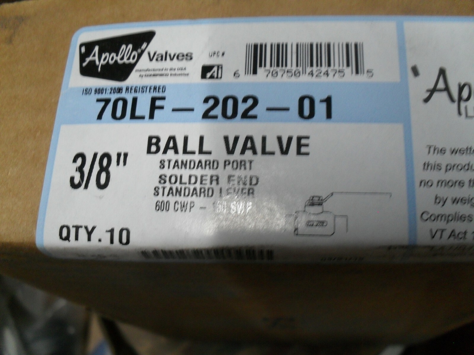 Apollo 70LF-202-01 3/8" copper Sweat Lead free Ball valve