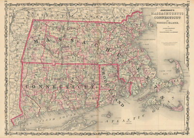 Johnson's Massachusetts, Connecticut & Rhode Island. Neuengland 1861 alte Karte