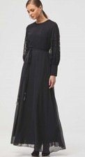 New Kayra KYR Black Layered Belted Maxi Dress Womens 38 Lace Long Sleeves