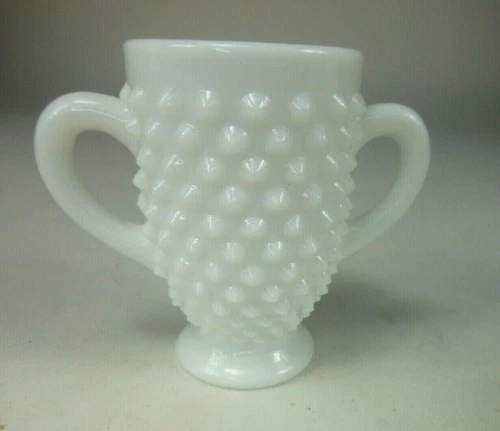 Fenton Miniature Handled Milk Glass Hobnail Vase