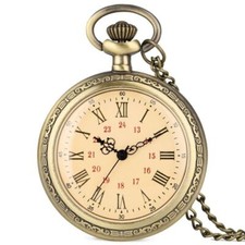 Antique Open Face Roman Number Unisex Quartz Analog Pocket Watch Necklace Chain