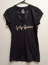 G by Guess Angel Wings Ladies Large Black Sequins Short Sleeve T-Shirt.