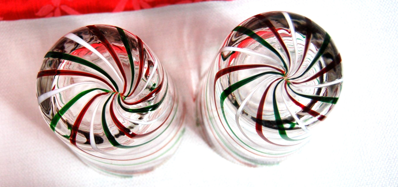 Set of 2 MCM Double Old Fashion Christmas Glasses Red Green White Swirl