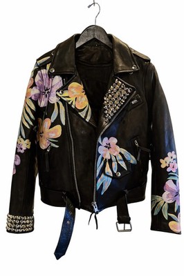 Hand Painted Floral Leather Moto Jacket   Studded Punk Biker Style