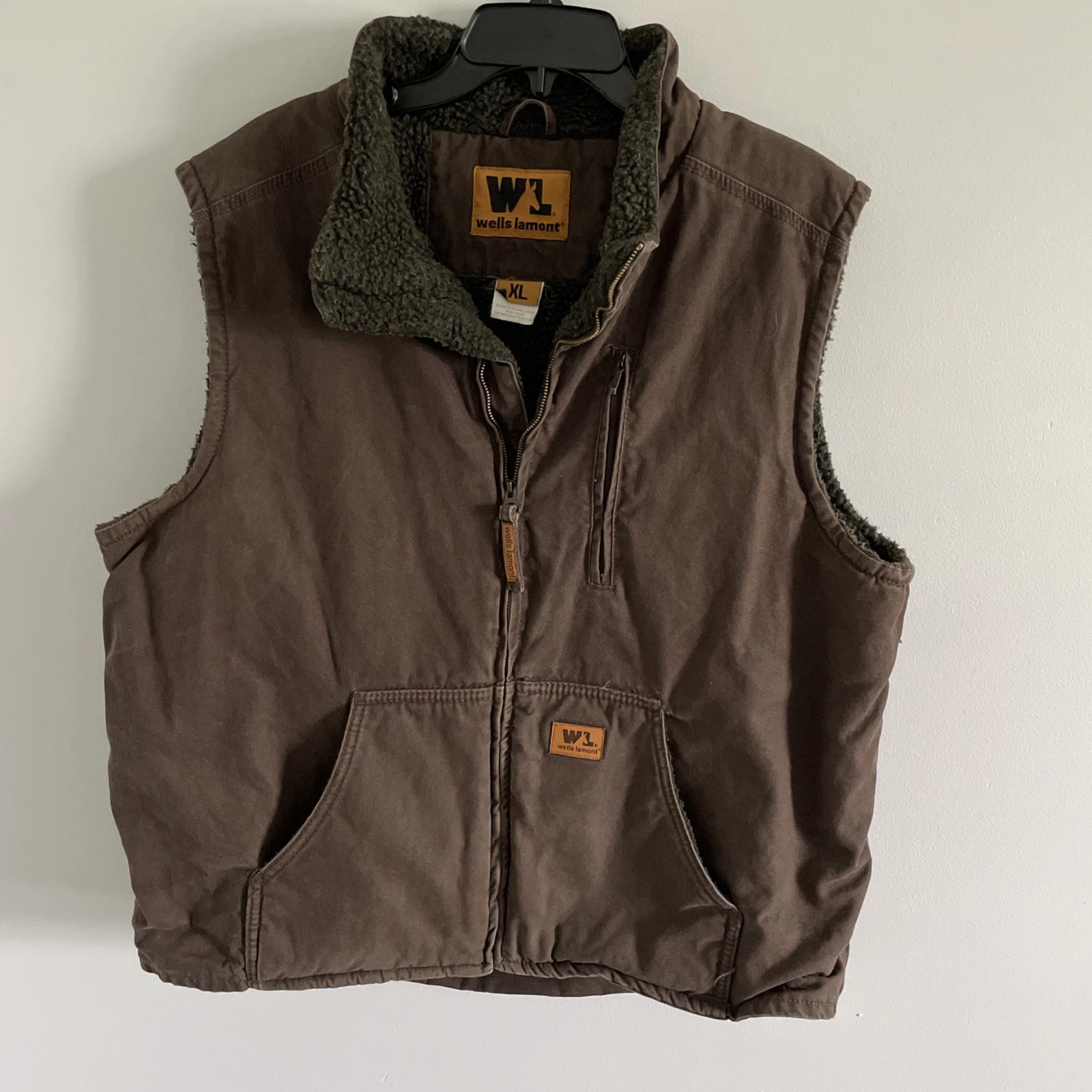 Wells Lamont Vest Men XL Brown Canvas Sherpa Lined Full Zip Workwear Job Jacket
