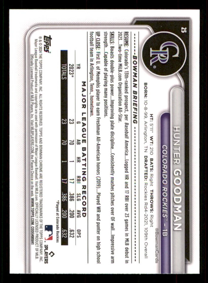 2024 Bowman Chrome #25 Hunter Goodman RC - Image 2 of 2