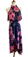 ELIZA J Dress Womens 4 Navy Pink Floral Halter Neck Chiffon Hi/Lo Midi (No Belt)