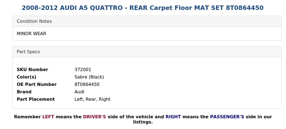 AUDI A5 QUATTRO 2008-2012 - JUEGO ALFOMBRILLAS ALFOMBRILLAS TRASERAS 8T086450 Foto 4 de 4